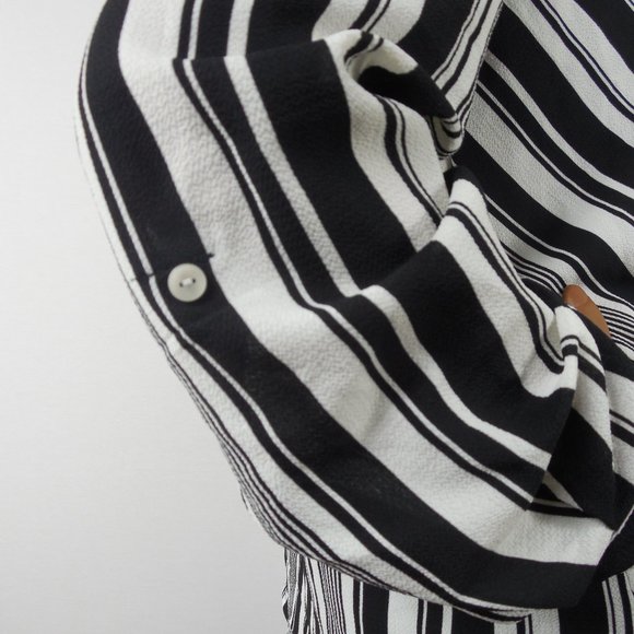DRESSBARN Top M Black/White Striped Blouse NWT Hi/Low Stretch Roll Tab Long Slvs - Picture 7 of 11